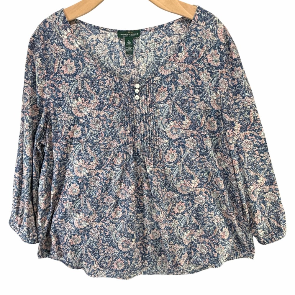 Lauren Ralph‎ Lauren Blouse XL Blue Paisley Floral Pintuck Prairie Popover Top